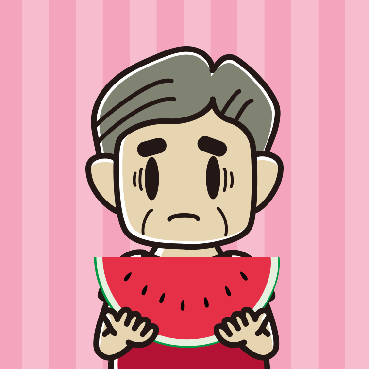 スイカで困るおじさんのイラスト【色、背景あり】PNG