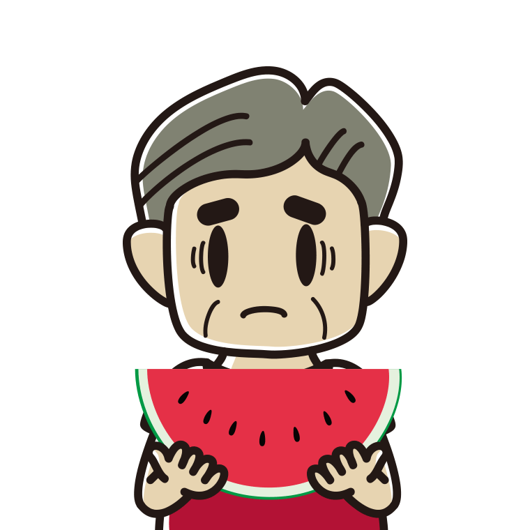 スイカで困るおじさんのイラスト【色あり、背景なし】透過PNG