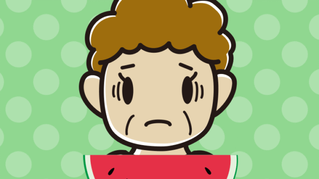 スイカで困るおばさんのイラスト【色、背景あり】PNG
