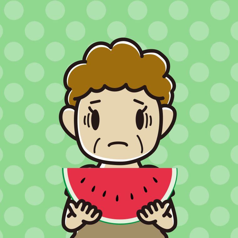 スイカで困るおばさんのイラスト【色、背景あり】PNG