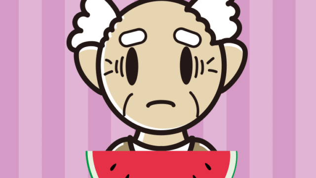 スイカで困るおじいさんのイラスト【色、背景あり】PNG