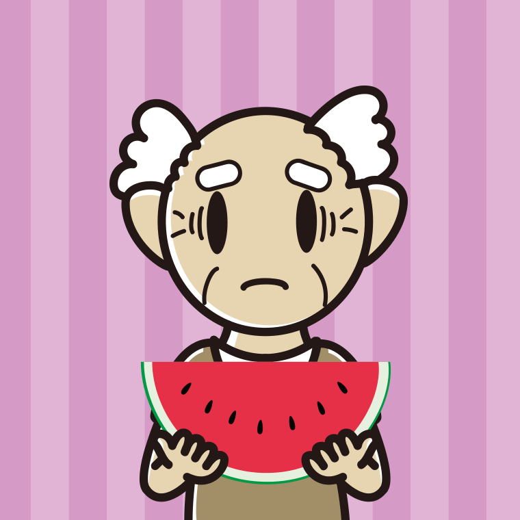 スイカで困るおじいさんのイラスト【色、背景あり】PNG
