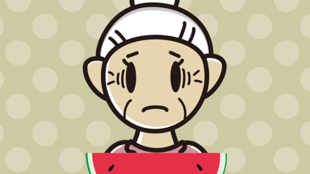 スイカで困るおばあさんのイラスト【色、背景あり】PNG