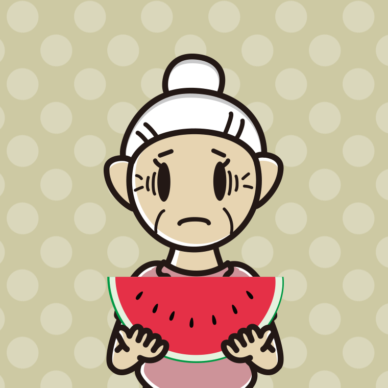 スイカで困るおばあさんのイラスト【色、背景あり】PNG
