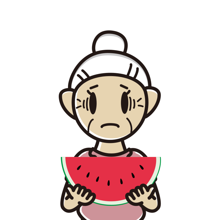 スイカで困るおばあさんのイラスト【色あり、背景なし】透過PNG