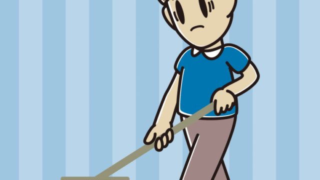 デッキブラシで困る男性のイラスト【色、背景あり】PNG