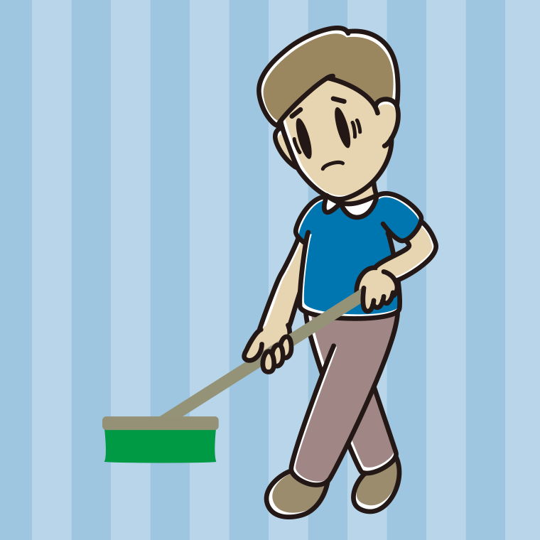 デッキブラシで困る男性のイラスト【色、背景あり】PNG