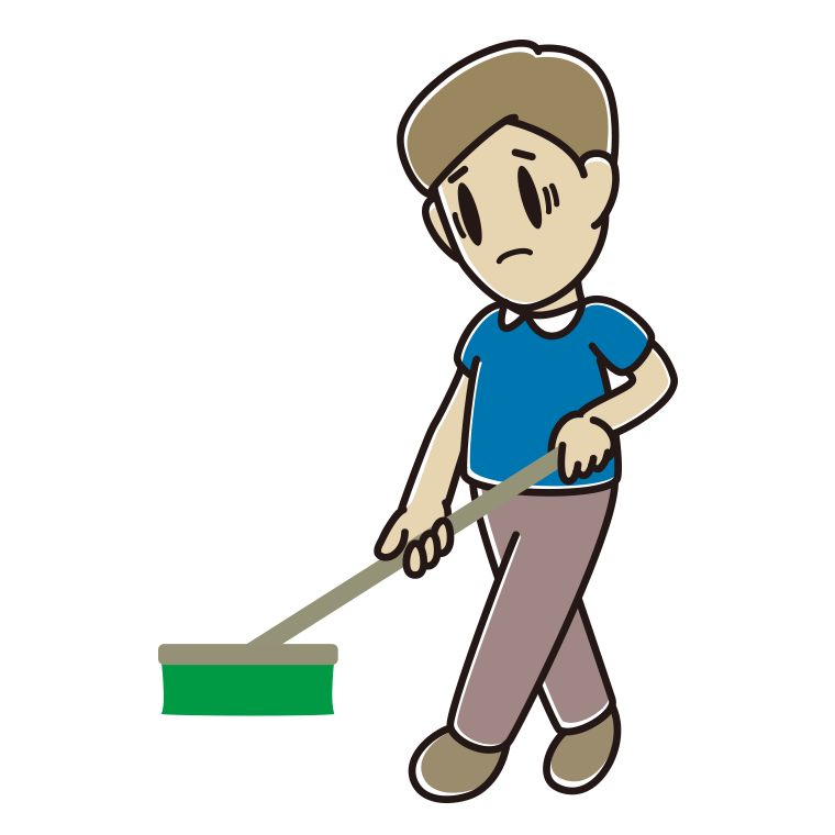 デッキブラシで困る男性のイラスト【色あり、背景なし】透過PNG
