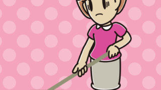 デッキブラシで困る女性のイラスト【色、背景あり】PNG