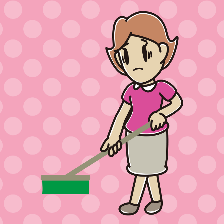 デッキブラシで困る女性のイラスト【色、背景あり】PNG