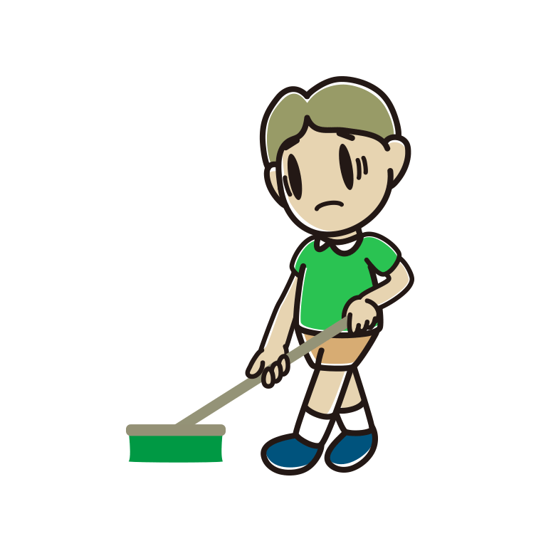 デッキブラシで困る小学生男子のイラスト【色あり、背景なし】透過PNG