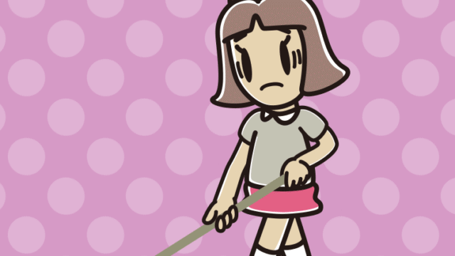 デッキブラシで困る小学生女子のイラスト【色、背景あり】PNG