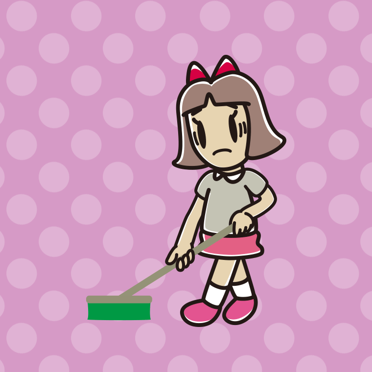 デッキブラシで困る小学生女子のイラスト【色、背景あり】PNG