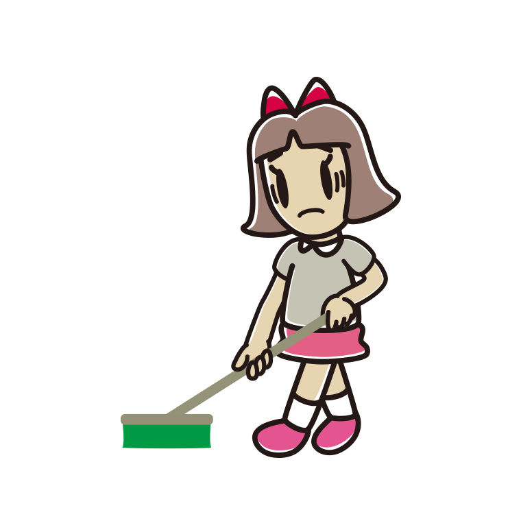 デッキブラシで困る小学生女子のイラスト【色あり、背景なし】透過PNG