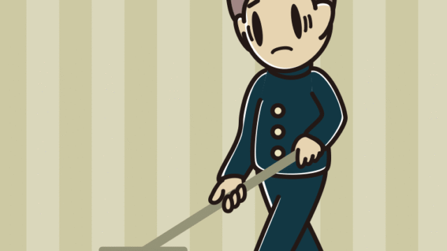 デッキブラシで困る男子中学生のイラスト【色、背景あり】PNG