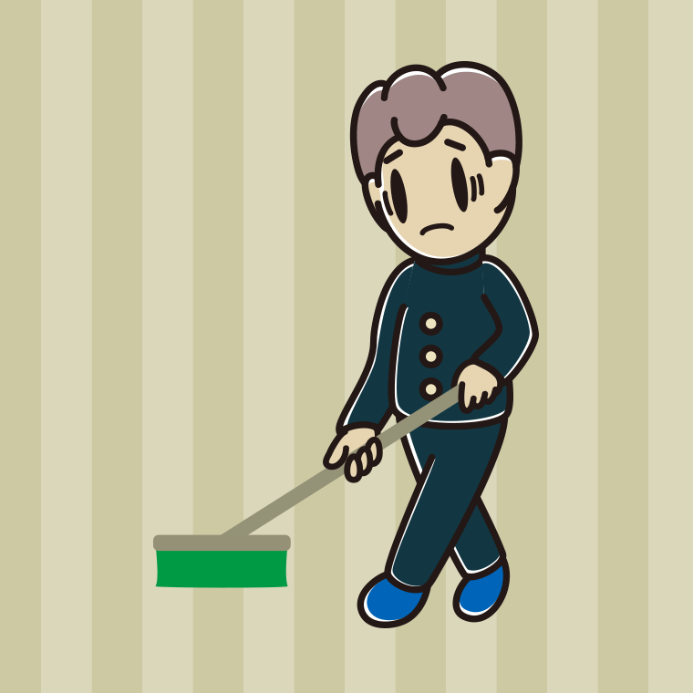デッキブラシで困る男子中学生のイラスト【色、背景あり】PNG