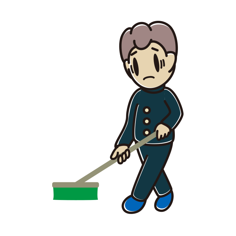 デッキブラシで困る男子中学生のイラスト【色あり、背景なし】透過PNG