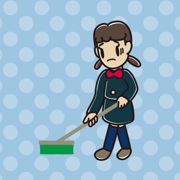 デッキブラシで困る女子中学生のイラスト【色、背景あり】PNG