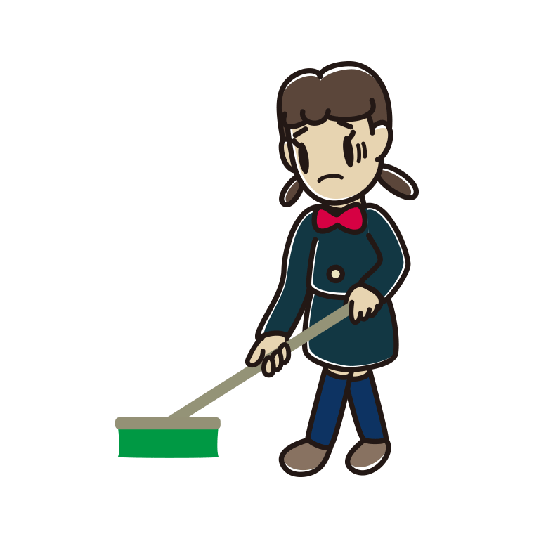 デッキブラシで困る女子中学生のイラスト【色あり、背景なし】透過PNG