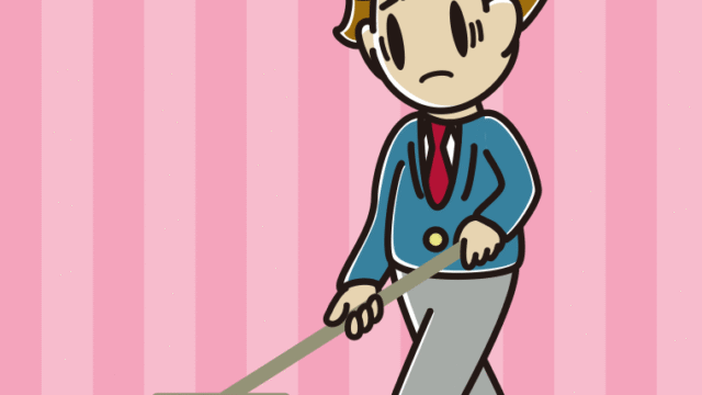 デッキブラシで困る男子高校生のイラスト【色、背景あり】PNG