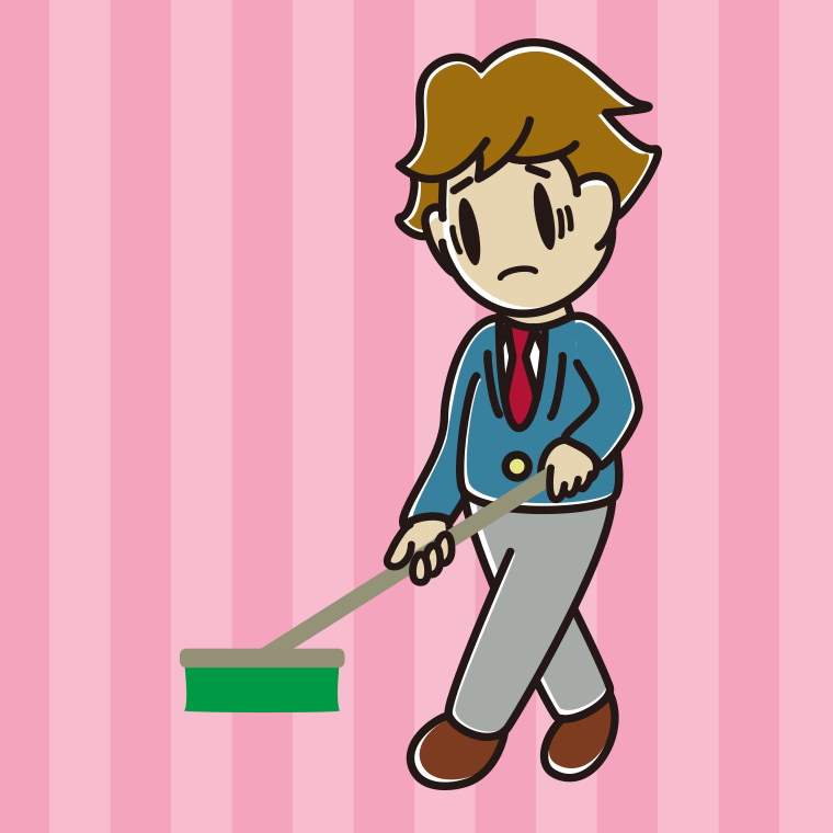 デッキブラシで困る男子高校生のイラスト【色、背景あり】PNG