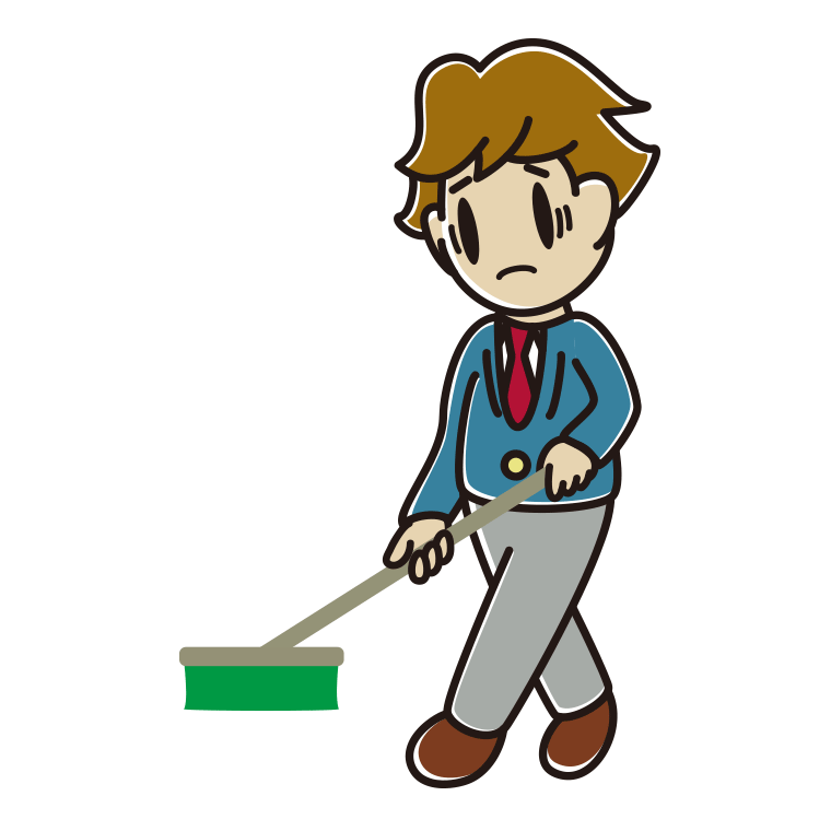 デッキブラシで困る男子高校生のイラスト【色あり、背景なし】透過PNG
