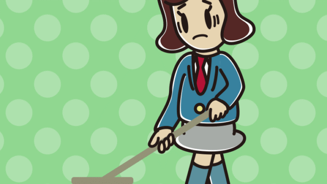 デッキブラシで困る女子高校生のイラスト【色、背景あり】PNG