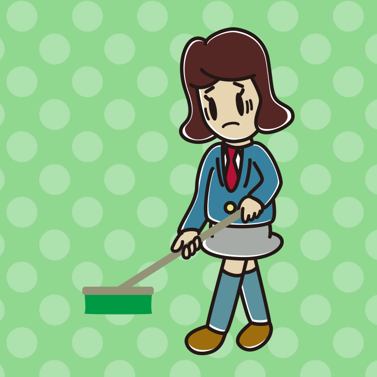 デッキブラシで困る女子高校生のイラスト【色、背景あり】PNG