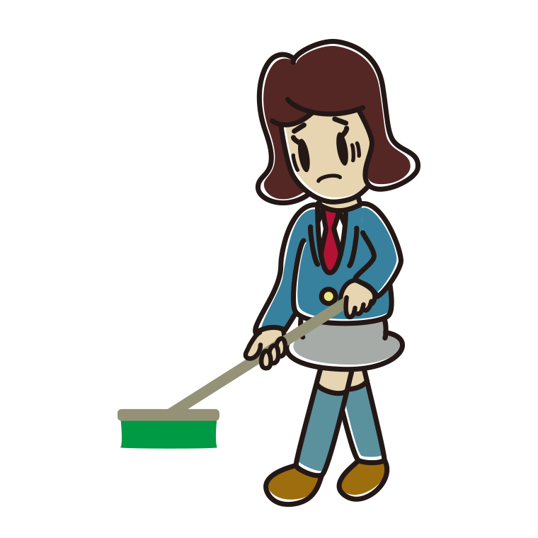デッキブラシで困る女子高校生のイラスト【色あり、背景なし】透過PNG