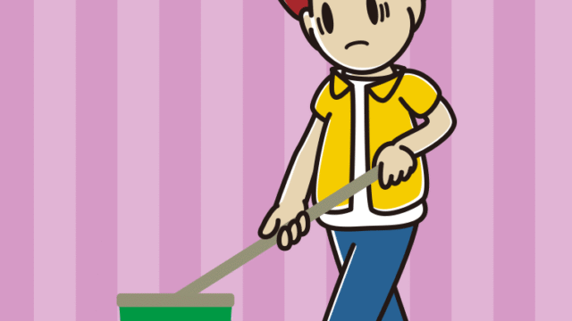 デッキブラシで困る男子大学生のイラスト【色、背景あり】PNG