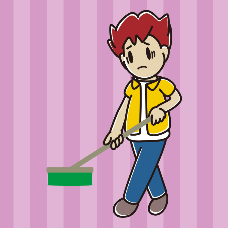 デッキブラシで困る男子大学生のイラスト【色、背景あり】PNG