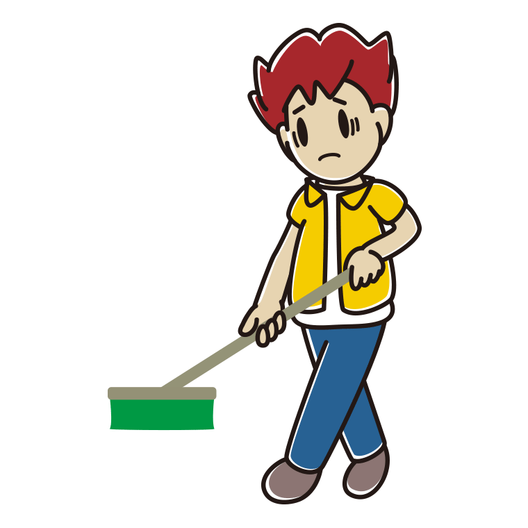 デッキブラシで困る男子大学生のイラスト【色あり、背景なし】透過PNG