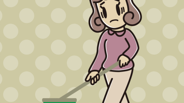 デッキブラシで困る女子大学生のイラスト【色、背景あり】PNG