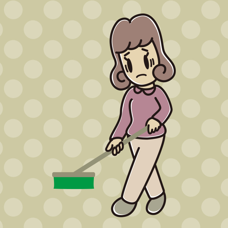 デッキブラシで困る女子大学生のイラスト【色、背景あり】PNG