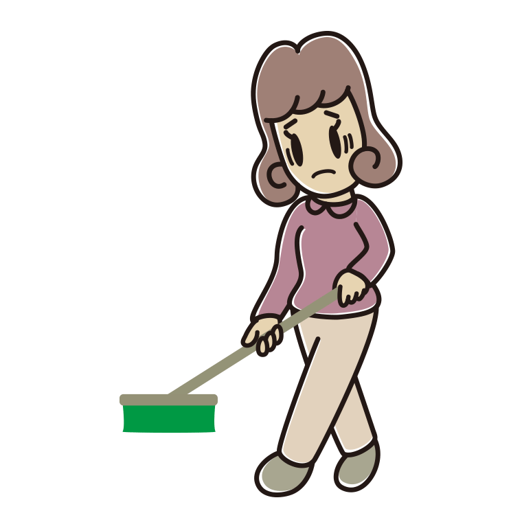 デッキブラシで困る女子大学生のイラスト【色あり、背景なし】透過PNG