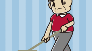 デッキブラシで困るおじさんのイラスト【色、背景あり】PNG