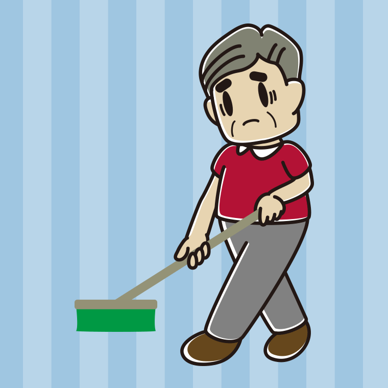 デッキブラシで困るおじさんのイラスト【色、背景あり】PNG