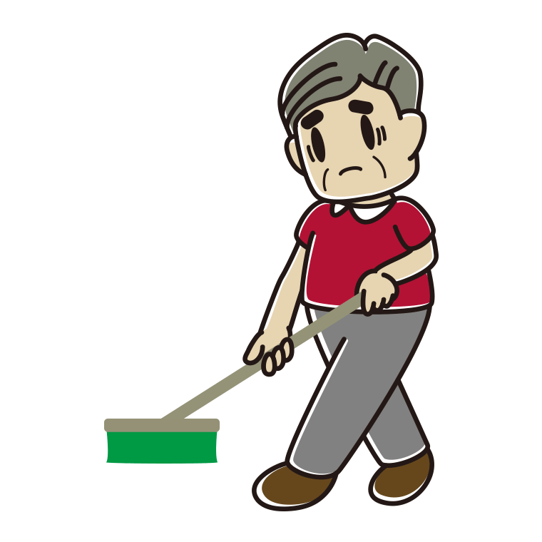 デッキブラシで困るおじさんのイラスト【色あり、背景なし】透過PNG