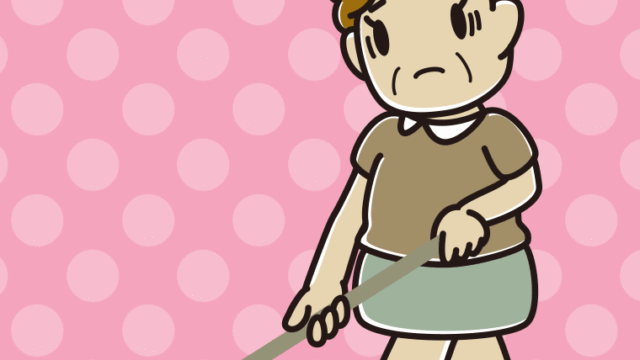 デッキブラシで困るおばさんのイラスト【色、背景あり】PNG