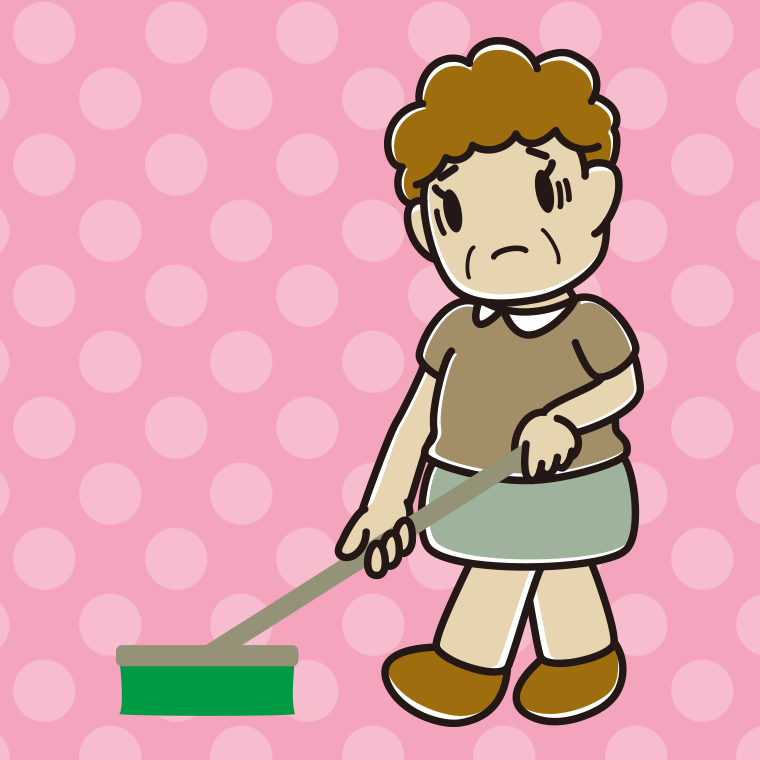 デッキブラシで困るおばさんのイラスト【色、背景あり】PNG