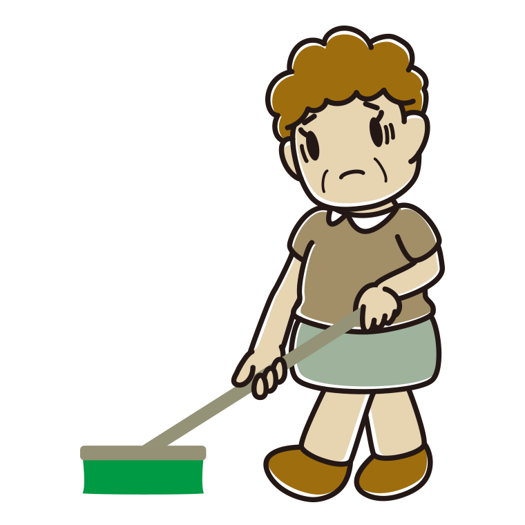 デッキブラシで困るおばさんのイラスト【色あり、背景なし】透過PNG