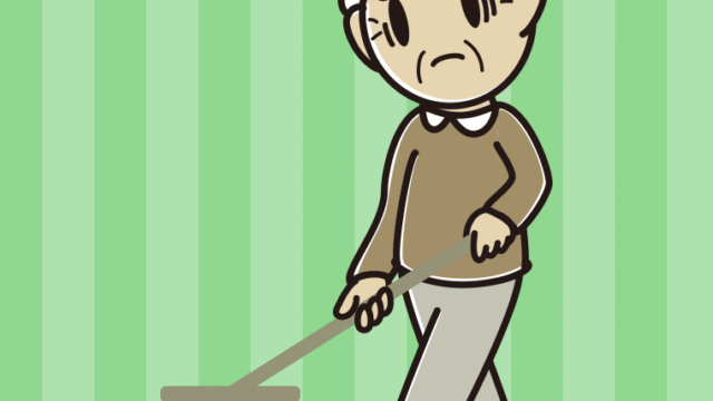 デッキブラシで困るおじいさんのイラスト【色、背景あり】PNG