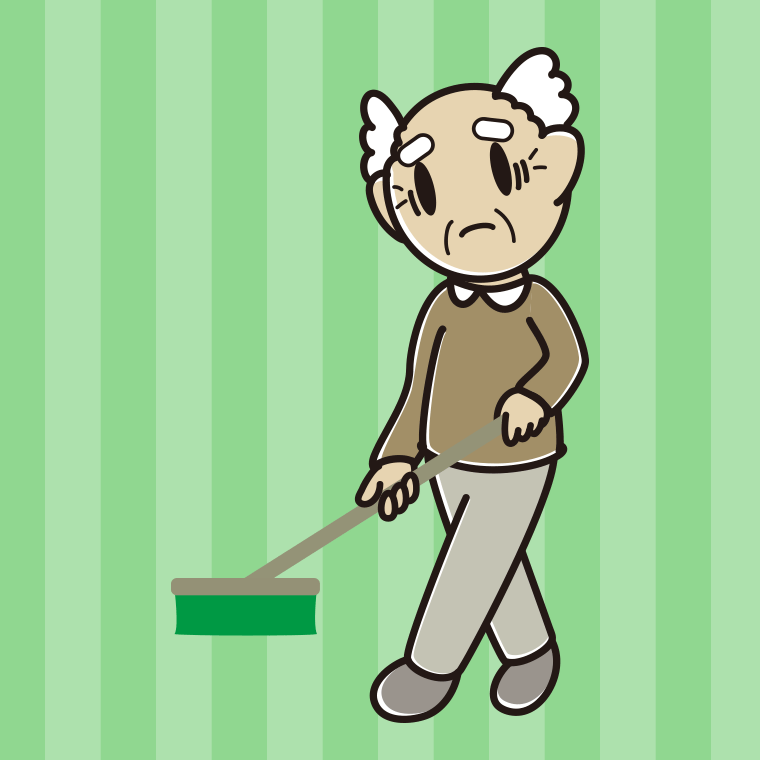 デッキブラシで困るおじいさんのイラスト【色、背景あり】PNG