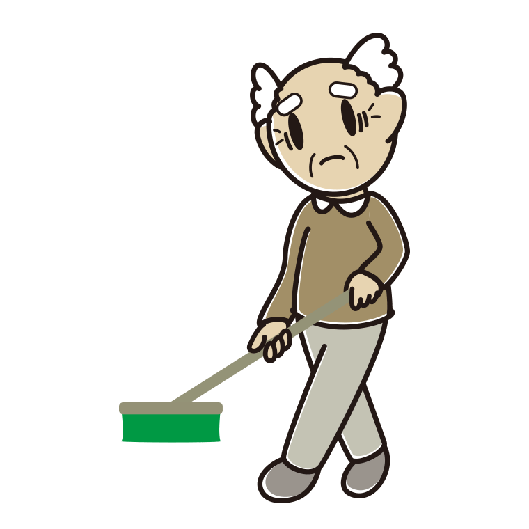 デッキブラシで困るおじいさんのイラスト【色あり、背景なし】透過PNG