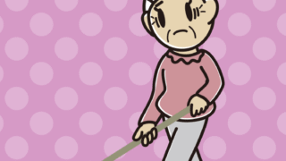 デッキブラシで困るおばあさんのイラスト【色、背景あり】PNG
