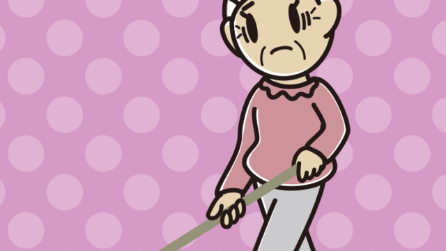 デッキブラシで困るおばあさんのイラスト【色、背景あり】PNG