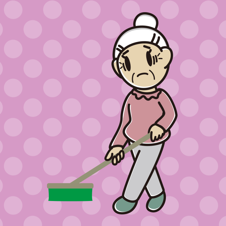 デッキブラシで困るおばあさんのイラスト【色、背景あり】PNG