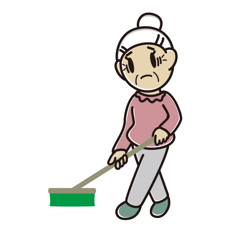 デッキブラシで困るおばあさんのイラスト【色あり、背景なし】透過PNG