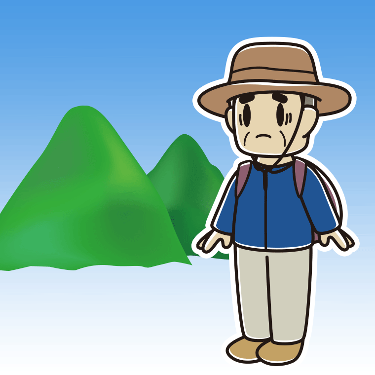 登山中に困るおじさんのイラスト【色、背景あり】PNG