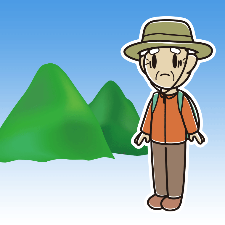 登山中に困るおじいさんのイラスト【色、背景あり】PNG